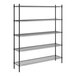 A black epoxy-coated metal shelving unit with five wire shelves and four vertical posts.