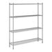 A chrome four-shelf wire shelving unit with four vertical posts.