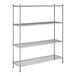 A chrome four-shelf metal storage rack with adjustable shelves and tall posts.