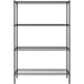 A black wire shelving unit with four shelves.