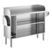 A stainless steel bussing or waitress station with a pan holder and adjustable shelf.