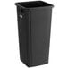 A black rectangular Lavex trash can with a white label on it.