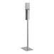 A metal base with a metal pole and a silver rectangular sign stand.