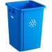 A blue Lavex 19 gallon square recycle bin with a recycle symbol on it.