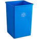 A Lavex blue square recycle bin with a recycling symbol on it.