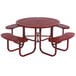 A red Wabash Valley round picnic table with attached seats and a perforated top.