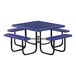 A blue picnic table with attached benches with black legs and a mesh top.