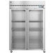 A stainless steel Hoshizaki reach-in freezer with two glass doors and shelves.