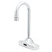 A chrome T&S deck mounted ChekPoint sensor faucet with a rigid gooseneck spout.