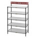 A black metal Metro shelving unit with a sign.