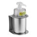 A stainless steel refillable hand soap or sanitizer dispenser with a pump and caution label.