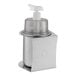 A stainless steel refillable hand soap or sanitizer dispenser with a pump top.