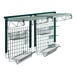 A metal wall-mounted dish station kit with shelves, wire baskets, and grid panels for storage and organization.