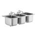 A stainless steel Regency drop-in sink with three bowls and two swing faucets.