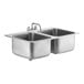 A stainless steel double sink with two compartments and a faucet.