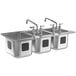 A stainless steel Waterloo three compartment drop-in sink with faucets.