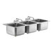 A Regency stainless steel drop-in sink with three bowls and two faucets.