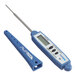 A blue digital pocket probe thermometer with a protective cover and an LCD display.