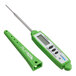 A green digital pocket probe thermometer with a protective cover, designed for measuring food temperatures.