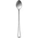 A silver iced tea spoon with a long handle.