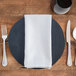 a plate with a napkin and silverware on a wooden table