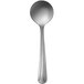 A close-up of a Delco Heavy Dominion stainless steel bouillon spoon with a silver handle.