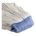 A close-up of a white Choice natural cotton wet mop head with blue accents.