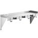 A Regency stainless steel utility shelf with mop and broom holders and rag hooks.
