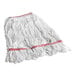 A white Lavex wet mop with red trim.