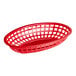 A red plastic oval basket with holes.