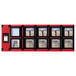 A red and black Hatco Flav-R 2-Go pickup locker system with several rectangular boxes inside.