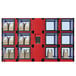 A Hatco Flav-R 2-Go heated locker system with red and white boxes.