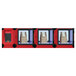 A red Hatco Flav-R 2-Go pickup locker with three windows and a door filled with brown paper bags with white labels.