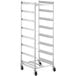 A Regency aluminum glass rack cart with 8 shelves and black wheels.
