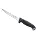 A Schraf boning knife with a black handle.