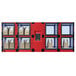 A red Hatco Flav-R 2-Go pickup locker system with brown bags inside.