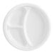 A white Ecopax plastic plate with three compartments.