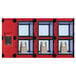 A red and black Hatco Flav-R 2-Go pickup locker with three windows.