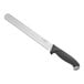 A Schraf slicing knife with a black handle and silver blade with holes.