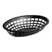A black plastic oval fast food basket with holes.