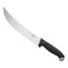 A sharp Schraf cimeter knife with a black handle.