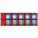 A white and red Hatco Flav-R 2-Go heated pickup locker system with 10 sections.