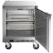 A Beverage-Air stainless steel undercounter freezer with a door open.