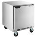 A silver Beverage-Air undercounter freezer on wheels.