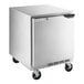 A silver stainless steel Beverage-Air undercounter refrigerator with wheels.
