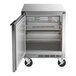 A Beverage-Air stainless steel undercounter refrigerator with a left-hinged door open.
