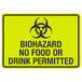 A yellow sign with black text and a biohazard symbol reading "Biohazard / No Food Or Drink Permitted"