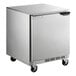 A silver Beverage-Air undercounter refrigerator on wheels with a door.