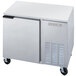 A silver stainless steel Beverage-Air undercounter refrigerator with a left-hinged door.