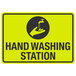 a yellow and black sign with a hand and a faucet